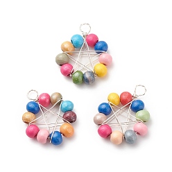 Colorful Natural Wood Round Beads Pendants, with Silver Copper Wire Wrapped, Ring with Star Charm, Dyed, Colorful, 27.5~29x22~23x5.5~6mm, Hole: 4mm