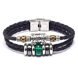 Malachite Leather Multi-strand Bracelets, with Malachite, Synthetic Hematite, Alloy Findings and Stainless Steel Clasps, 8-1/8 inch(20.5cm), 13mm