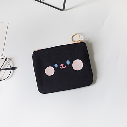 Black Cloth Wallets, Change Purse with Zipper, Rectangle with Smiling Face Pattern, Black, 11x10cm