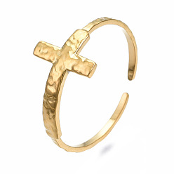 Oro 304 brazalete abierto con cruz de acero inoxidable, anillo grueso para mujer, dorado, tamaño de EE. UU. 6 3/4 (17.1 mm)