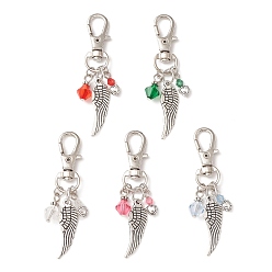 Mixed Color Transparent Acrylic Pendant Decoration, with Tibetan Style Pendants and Alloy Swivel Lobster Claw Clasps, Wing, Mixed Color, 64.5mm