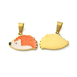 Golden Ion Plating(IP) 304 Stainless Steel Manual Polishing Pendants, with Enamel and 201 Stainless Steel Clasp, Hedgehog, Golden, 10.5x16x1.5mm, Hole: 3x5.5mm