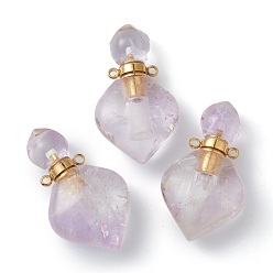 Amethyst Natural Amethyst Pendants, with Golden Brass Findings, Openable Perfume Bottle, 37x21x11mm, Hole: 1.5mm
