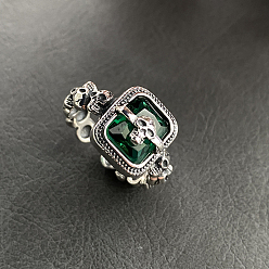 Dark Green Rectangle Cubic Zirconia Open Cuff Ring, Brass Skull Gothic Ring for Women, Dark Green, US Size 6(16.5mm)
