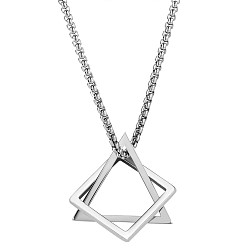 Stainless Steel Color 304 Stainless Steel Triangle & Rhombus Pendant Necklace with Box Chains, Punk Hip Jewelry for Women, Stainless Steel Color, 25.20 inch(64cm)