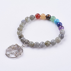 Labradorite Bracelets élastiques de pierres fines, avec pendentifs de style tibétain, arbre de la vie, 2 pouces (52 mm)