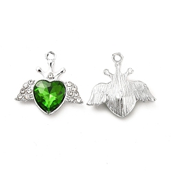 Vert Pendentifs en verre d'alliage, coeur en strass cristal avec breloque aile, platine, verte, 21.5x22.5x5.5mm, Trou: 2mm