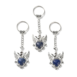 Lapis Lazuli Porte-clés cœur en lapis-lazuli naturel avec pendentif aile, avec les accessoires en laiton de tonalité de platine, 9.6 cm