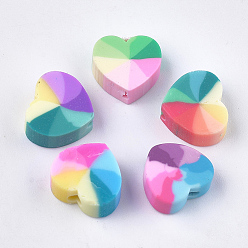 Color mezclado Abalorios de la arcilla de polímero hechos a mano, corazón, color mezclado, 9~10x10~11x4~5 mm, agujero: 1.2~2 mm