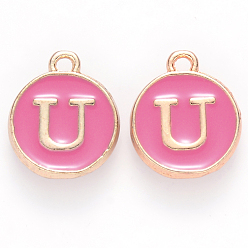 Letter U Golden Plated Alloy Enamel Charms, Cadmium Free & Lead Free, Enamelled Sequins, Flat Round with Letter, Camellia, Letter.U, 14x12x2mm, Hole: 1.5mm