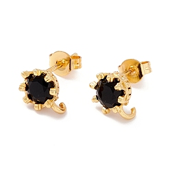 Black Rack Plating Brass Cubic Zirconia Stud Earrings Findings, Real 18K Gold Plated, with Hook, Cadmium Free & Lead Free, Crown, Black, 9x7mm, Hole: 1.6mm, Pin: 1mm