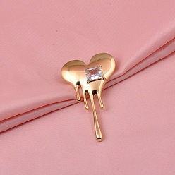 Golden Clear Cubic Zirconia Heart Lapel Pin, Brass Badge for Backpack Clothes, Golden, 58x34mm