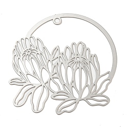 Stainless Steel Color 201 Stainless Steel Pendants, Etched Metal Embellishments, Flower Charm, Stainless Steel Color, 37.5x39.5x0.2mm, Hole: 1.6mm