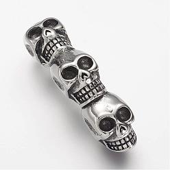Antique Silver 304 Stainless Steel Slide Charms, Skull, Antique Silver, 48.5x11x20mm, Hole: 6mm