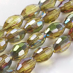Verge D'or Perles en verre electroplate, demi-plaqué, facette, ovale, verge d'or, 6x4mm, Trou: 1mm, Environ 72 pcs/chapelet, 16 pouce