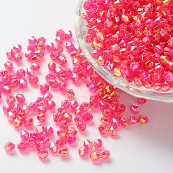 Deep Pink Bicone AB Color Plated Eco-Friendly Transparent Acrylic Beads, Faceted, Deep Pink, 4x4mm, Hole: 1mm, about 16600pcs/500g