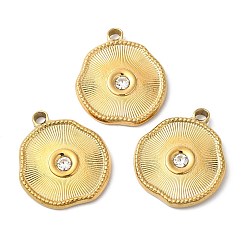 Golden Ion Plating(IP) 304 Stainless Steel Pendants, with Crystal Rhinestone, Twist Flat Round Charms, Golden, 22x19.5x3mm, Hole: 2.5mm