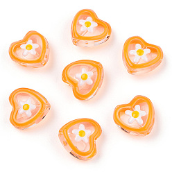 Orange Des billes de verre transparentes, avec l'émail, coeur avec motif de fleurs, orange, 12x12x6.5mm, Trou: 0.9mm