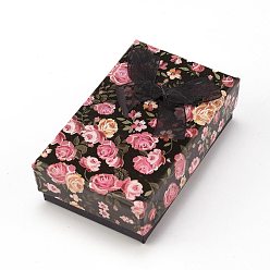 Negro Caja de embalaje de joyería de cartón con patrón de flores, 2 espacio, para pendientes de anillo, con lazo de cinta y esponja negra, Rectángulo, negro, 8x5x2.6 cm
