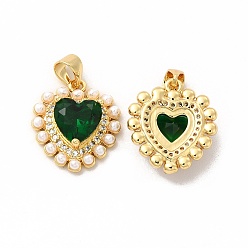 Green Rack Plating Brass & Glass Pendants, with Plastic Imitation Pearl, Cadmium Free & Lead Free, Real 18K Gold Plated, Long-Lasting Plated, Heart Charm, Green, 17x15x5mm, Hole: 3.5x4.5mm