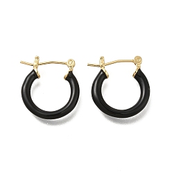 Negro Pendientes de aro de latón esmaltado para mujer, plano y redondo, la luz de oro, negro, 20x19.5x4 mm, pin: 0.8 mm