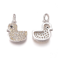 Platinum Brass Micro Pave Cubic Zirconia Charms, with Jump Rings, Duck, Clear & Black, Platinum, 12x10.5x3mm, Hole: 3mm