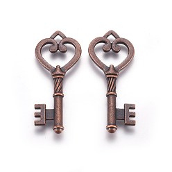Red Copper Tibetan Style Alloy Key Pendants, Cadmium Free & Nickel Free & Lead Free, Red Copper, 47x19x5mm, Hole: 4mm, about 180pcs/1000g