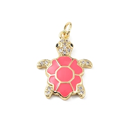 Crimson Rack Plating Brass Micro Pave Cubic Zirconia Pendants, with Enamel & Jump Ring, Cadmium Free & Lead Free, Long-Lasting Plated, Real 18K Gold Plated, Sea Turtle Charm, Crimson, 22.5x17x3mm, Hole: 3.2mm