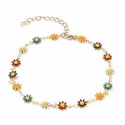Colorful Golden Brass Flower Enamel Links Anklets, with Brass Curb Chains & Lobster Claw Clasps, Colorful, 9-1/2 inch(24.2cm)