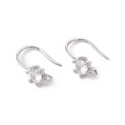 Platinum Rack Plating Brass with Clear Cubic Zirconia Earring Hooks, with Horizontal Loops, Long-Lasting Plated, Cadmium Free & Lead Free, Platinum, 15x11.5x5.5mm, Hole: 1mm, 21 Gauge, Pin: 0.7mm