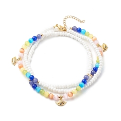 White Glass Seed & Cat Eye Waist Beads, Brass Evil Eye Charm Belly Chains for Women, White, 31.69 inch(80.5cm)