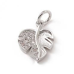 Platinum Brass Micro Pave Clear Cubic Zirconia Leaf Charms, with Open Jump Rings, Platinum, 13x10x2mm, Ring: 5x0.8mm, Hole: 3mm
