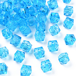 Bleu Ciel Foncé Perles acryliques transparentes, facette, carrée, bleu profond du ciel, 8.5x9.5x9.5mm, Trou: 2.5mm, environ1070 pcs / 500 g