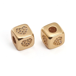 Golden Brass Micro Pave Clear Cubic Zirconia Beads, Cube with Heart, Golden, 8.5x8.5x8.5mm, Hole: 3.5mm