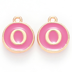 Letter O Golden Plated Alloy Enamel Charms, Cadmium Free & Lead Free, Enamelled Sequins, Flat Round with Letter, Camellia, Letter.O, 14x12x2mm, Hole: 1.5mm