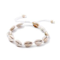 Blanc Bracelet de cheville en perles tressées en coquillage naturel avec perles turquoise synthétiques, bracelet de cheville réglable en nylon tressé, blanc, diamètre intérieur: 2-1/8~3-3/8 pouce (5.35~8.5 cm)