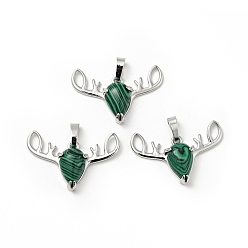 Malachite Synthetic Malachite Pendants, with Platinum Tone Brass Findings, Lead Free & Cadmium Free, Deer Head Charms, 23~24x34x7.5mm, Hole: 5x8mm