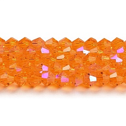 Orange Transparent Electroplate Glass Beads Strands, AB Color Plated, Faceted, Bicone, Orange, 4x4mm, Hole: 0.8mm, about 87~98pcs/strand, 12.76~14.61 inch(32.4~37.1cm)
