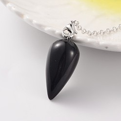 Black Agate Teardrop Platinum Tone Brass Black Agate Dowsing Pendulums, with Lobster Claw Clasps, 220x3mm