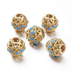 Deep Sky Blue Matte Gold Color Brass Hollow Beads, with Enamel, Long-Lasting Plated, Round, Deep Sky Blue, 10.5~11mm, Hole: 3.5mm