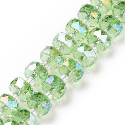Vert Clair Plaquent verre transparent perles brins, de couleur plaquée ab , facette, rondelle, vert clair, 7.5~8x4.5mm, Trou: 1.2mm, Environ 80 pcs/chapelet, 22.05'' (56 cm)