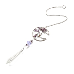 Purple Amethyst Pendant Decoration, Hanging Suncatcher, with Stainless Steel Rings and Moon Alloy Frame, Bullet, Purple, 407x2mm, Hole: 10mm