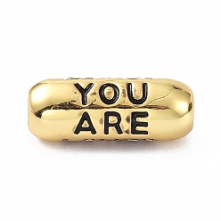 Black Eco-Friendly Brass Enamel Beads, Long-Lasting Plated, Real 18K Gold Plated, Oval with Word You Are, Black, 17.5x7mm, Hole: 3mm