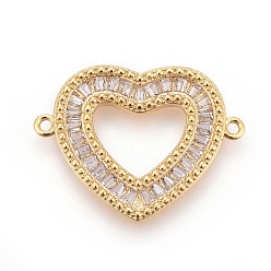 Golden Brass Micro Pave Cubic Zirconia Links, Heart, Clear, Golden, 19x24.5x2mm, Hole: 1.2mm