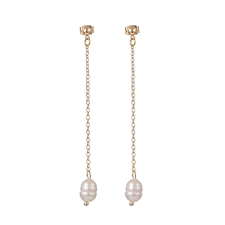 Oval Natural Pearl Dangle Stud Earrings, Golden Brass Chain Tassel Earrings for Women, Oval, 72mm, Pin: 0.7mm