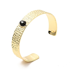Plaqué 18K Or Véritable Bracelet manchette ouvert ovale zircon cubique noir, bracelet jonc plat en laiton pour femme, sans cadmium et sans nickel et sans plomb, réel 18 k plaqué or, diamètre intérieur: 2-3/8 pouce (6 cm)