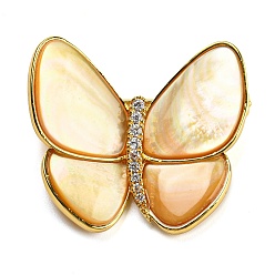 Golden Yellow Shell Broochs, Butterfly with Heart Brass Rhinestone Pins for Women, Golden, 32x36x9mm, hole: 5x3mm