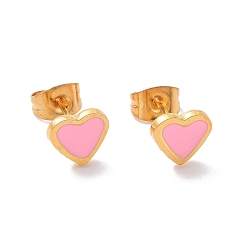 Pink 304 Stainless Steel Enamel Stud Earrings, with 316 Surgical Stainless Steel Pin, Golden, Heart, Pink, 7x7.5x2mm, Pin: 0.8mm