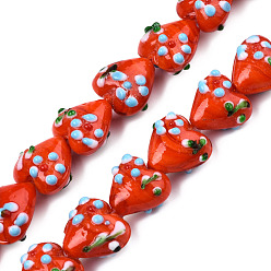 Naranja Rojo Hechos a mano de cristal de murano con baches hebras, corazón, rojo naranja, 15~16x15.5~17x10.5~11.5 mm, agujero: 1.4~1.8 mm, sobre 26 unidades / cadena, 14.76 pulgada (37.5 cm)