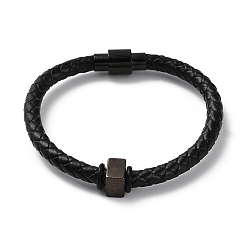 Black Leather Braided Round Cord Bracelet, with 304 Stainless Steel Magnetic Clasps & Beads for Men Women, Black, 8-1/4 inch(20.8cm)
